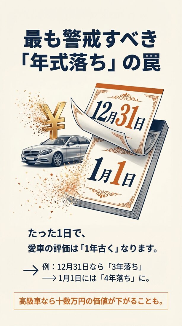 12月31日から1月1日になるだけで「3年落ち」が「4年落ち」になり、評価が1年古くなる仕組みを説明した図解