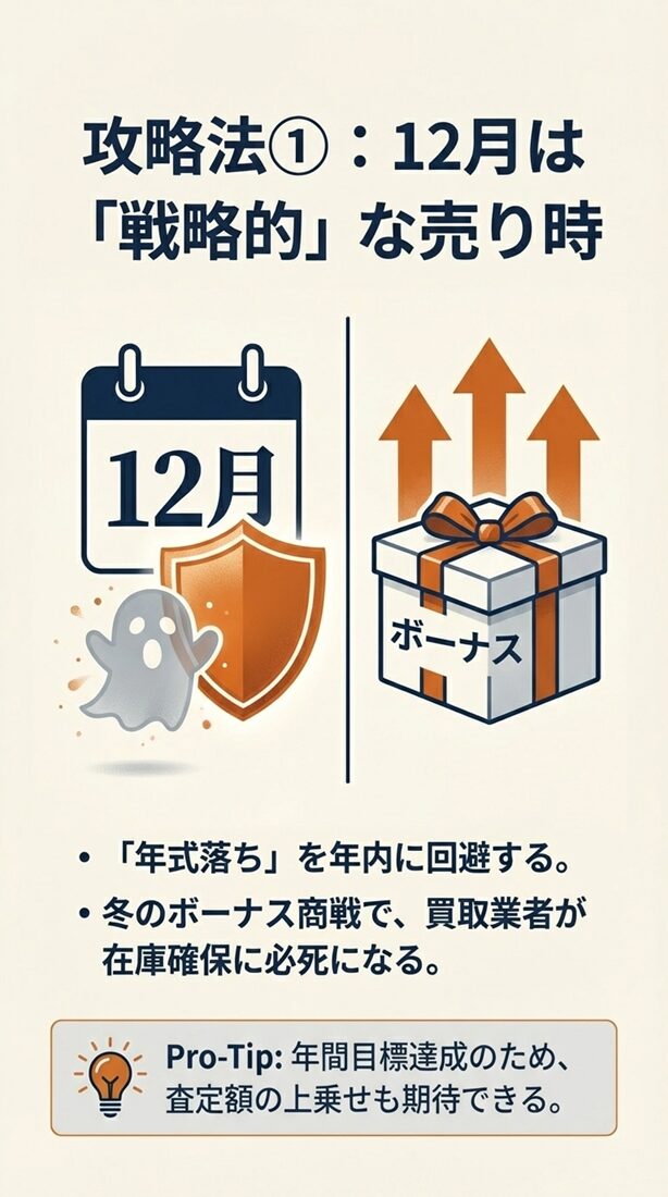 冬のボーナス商戦で買取業者が在庫確保に奔走することや、年間目標達成のための査定上乗せが期待できることを示すスライド