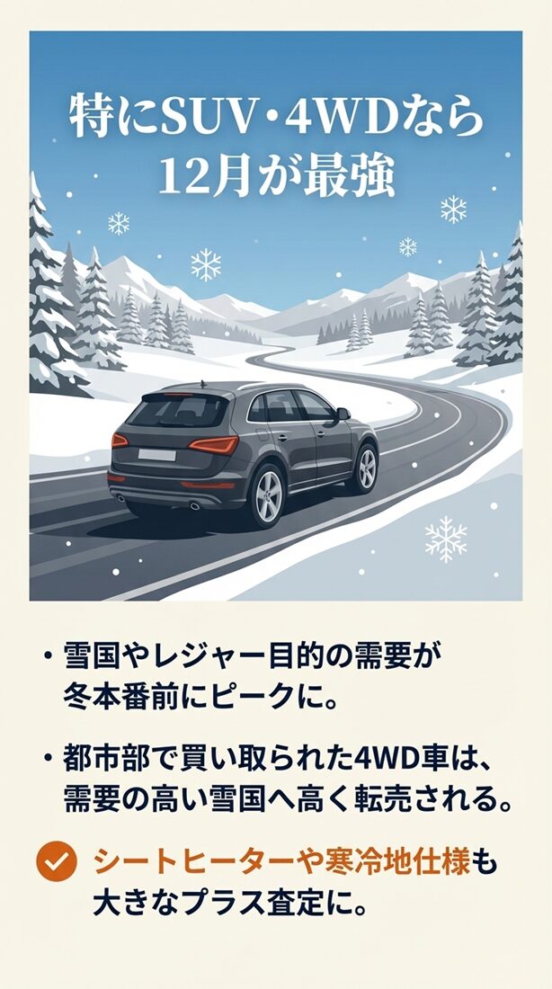 雪国での需要ピークに合わせ、都市部で買い取られた4WDが雪国へ高く転売される仕組みや、寒冷地仕様のプラス査定について説明するスライド