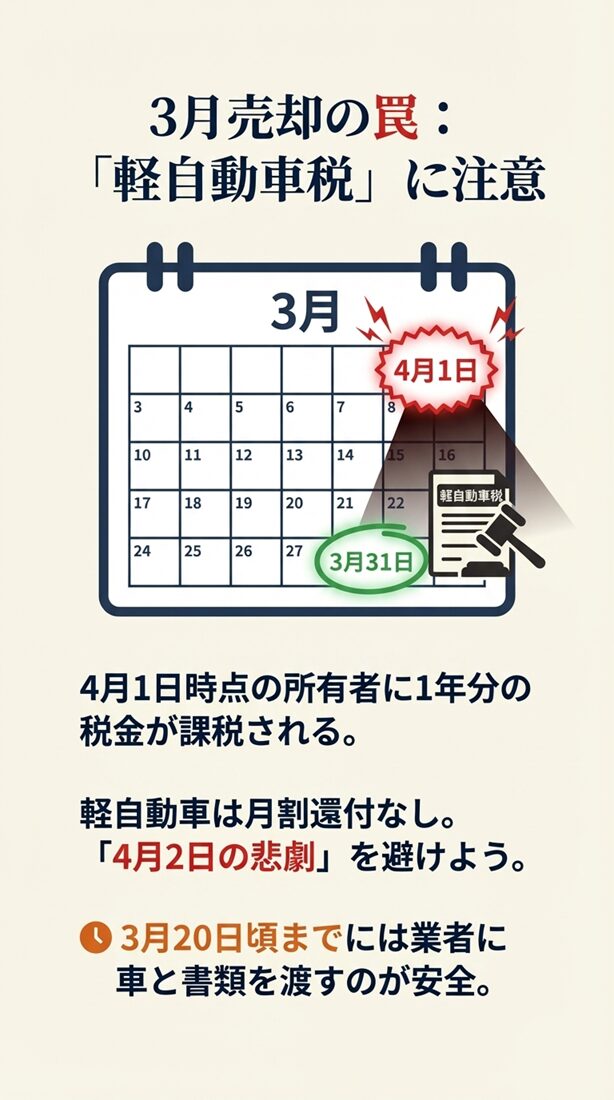 4月1日時点の所有者に1年分の税金が課税されるルールと、3月20日頃までに手続きを終えるべき安全圏を示すカレンダー