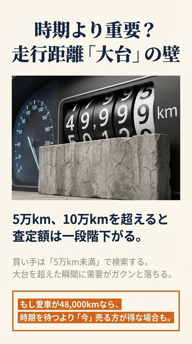 5万kmや10万kmの境界線を超えると需要が落ち、査定額が一段階下がる心理的障壁（大台の壁）を解説するスライド