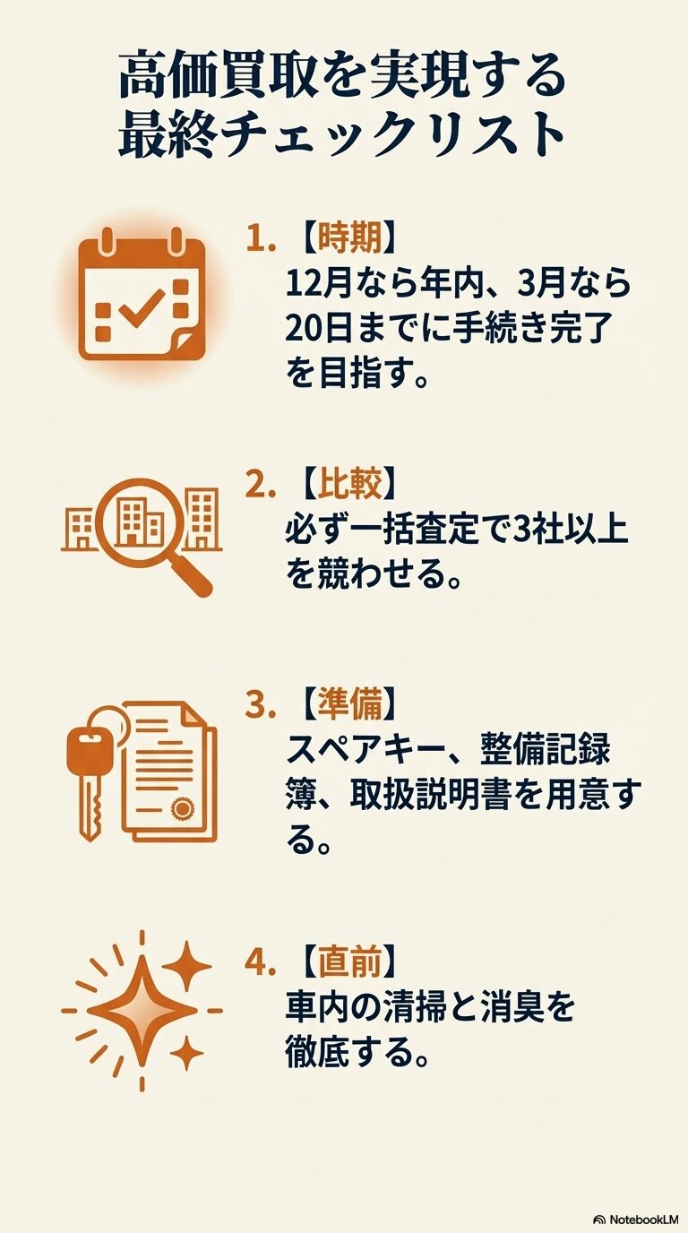 売却時期、他社比較、必要書類の準備、直前清掃など、査定額を最大化するための4つの必須項目をまとめた確認スライド