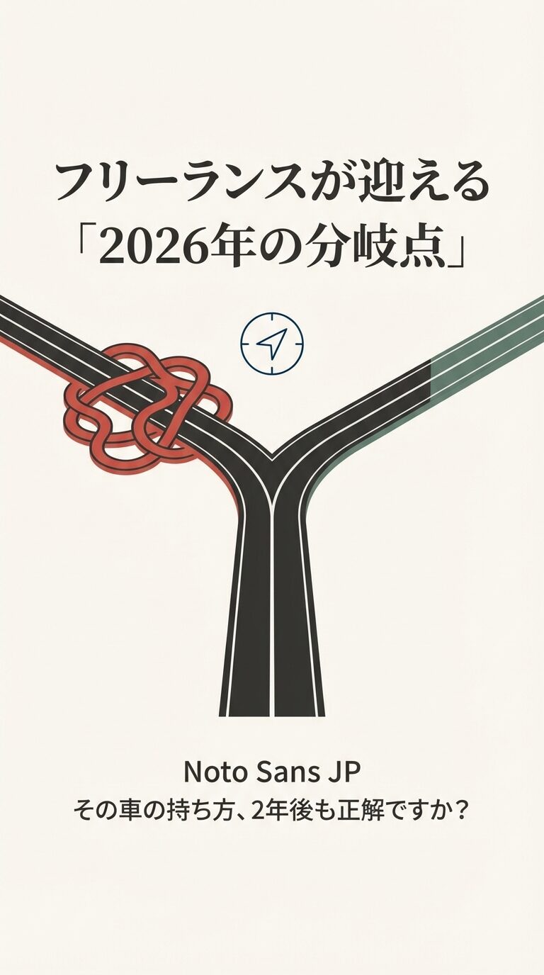 「フリーランスが迎える2026年の分岐点」というタイトルと、二股に分かれた道のイラスト。左側の道には「罠」を象徴する赤い結び目があり、右側の道は真っ直ぐ伸びているスライド。