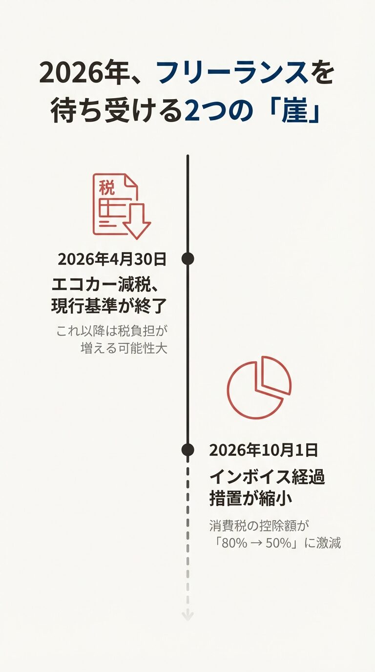2026年4月30日のエコカー減税現行基準終了と、2026年10月1日のインボイス経過措置縮小（控除80%から50%へ激減）を「2つの崖」として説明する図解スライド。