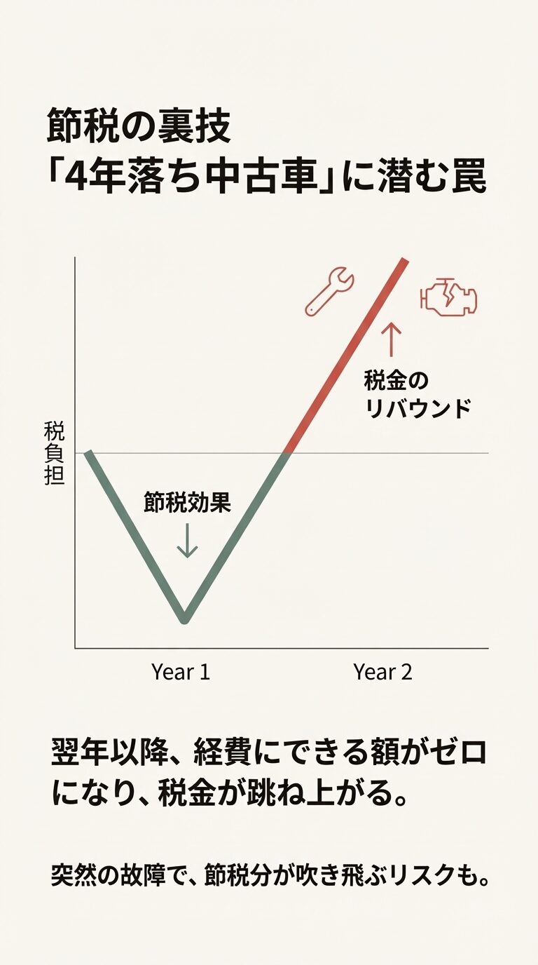 1年目は大きな節税効果があるが、2年目以降は経費にできる額がゼロになり税負担が跳ね上がる様子を、V字回復するグラフ（税金のリバウンド）で示した図解。故障リスクについても言及。