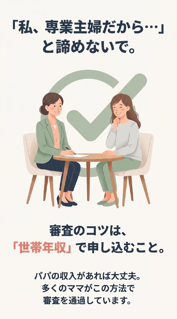 ママが相談員と笑顔で話しているイラスト。「世帯年収で申し込む」「パパの収入があれば大丈夫」という審査通過のアドバイス。