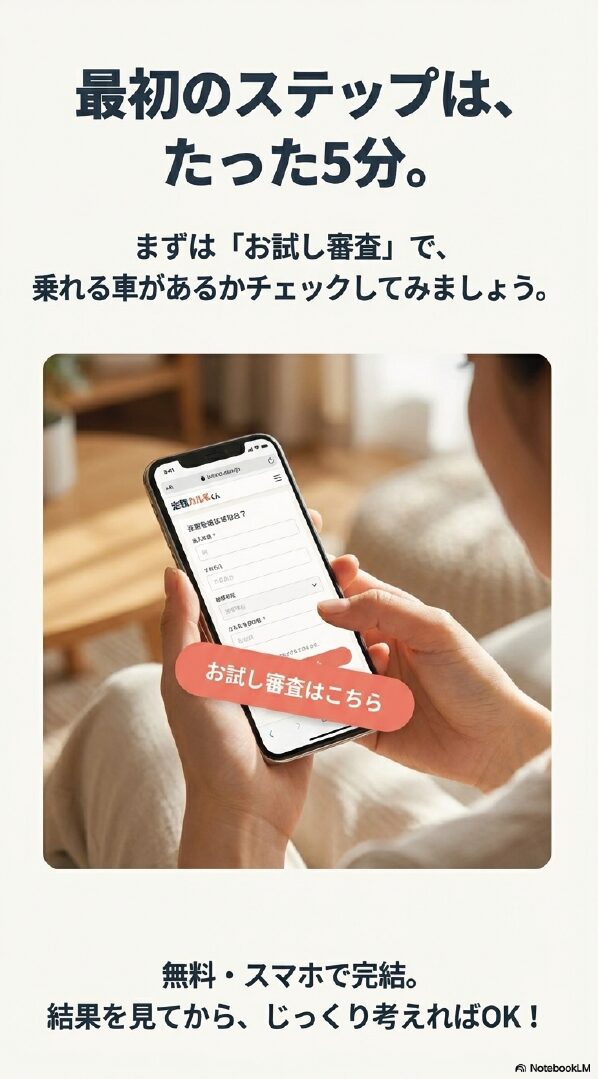 スマホで「お試し審査」の画面を操作する女性の手元の写真。無料、スマホ完結、結果を見てから考えればOKという案内。