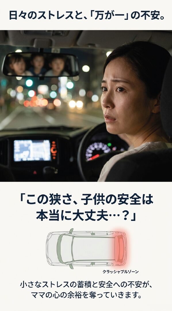 バックミラーに映る不安そうなママの表情と、軽自動車の短いクラッシャブルゾーン（衝撃吸収空間）を示す車の真上からの図解イラスト。