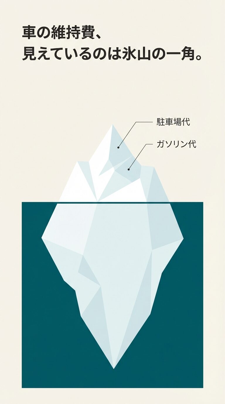 海に浮かぶ氷山のイラスト。水面上に見えている部分は駐車場代とガソリン代だけで、大部分が水面下に隠れている様子。