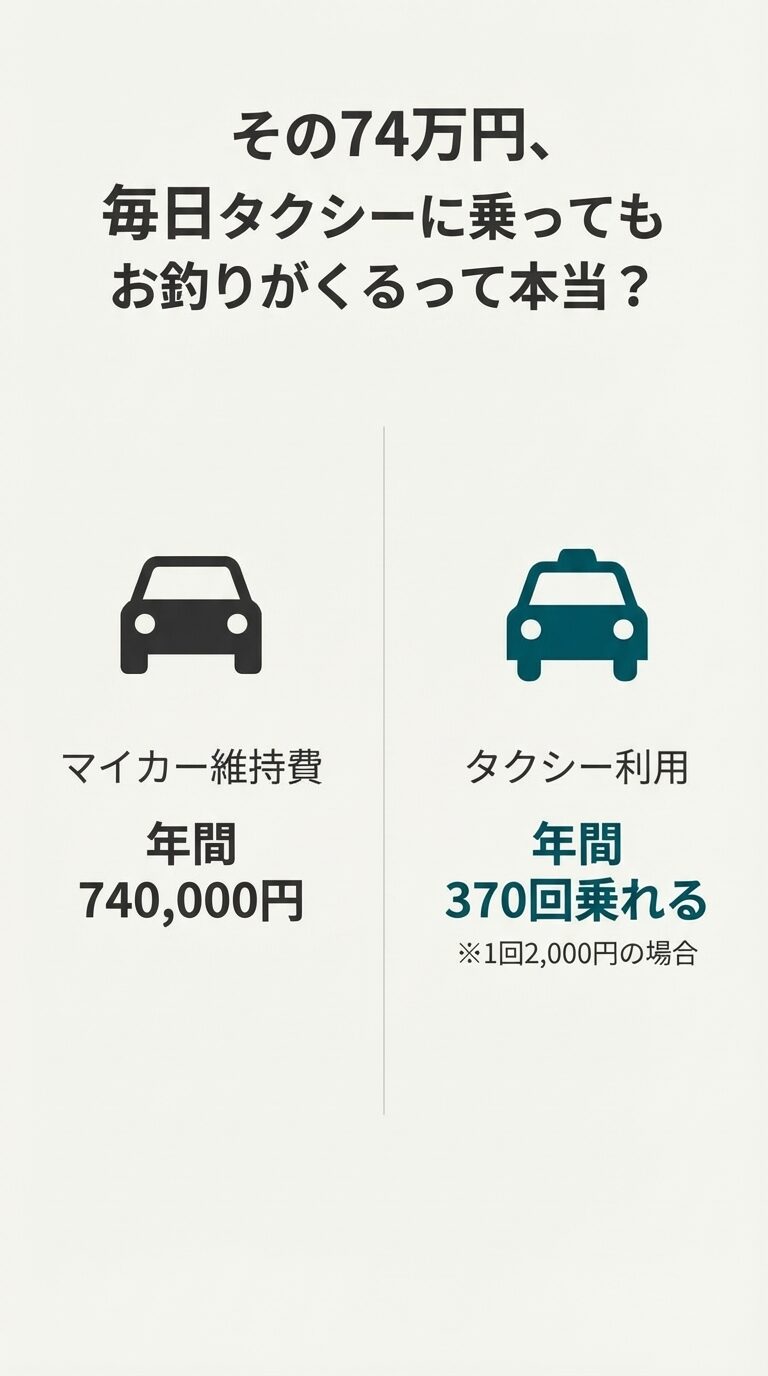 マイカー維持費74万円とタクシー利用の比較。1回2,000円なら年間370回乗れることを示すアイコン。