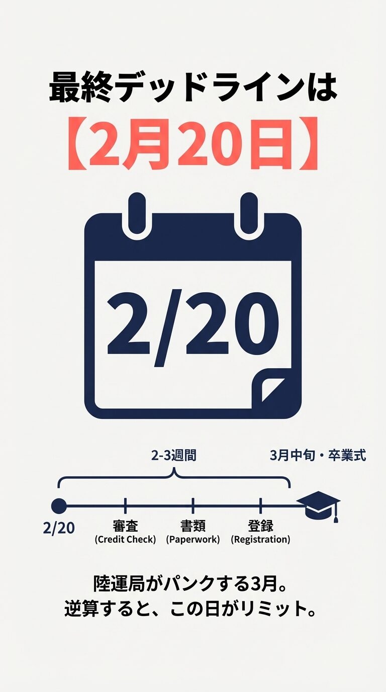 3月中旬の卒業式から逆算したスケジュール図。審査・書類・登録に2〜3週間かかるため、2月20日が最終デッドラインであることを示すイラスト。