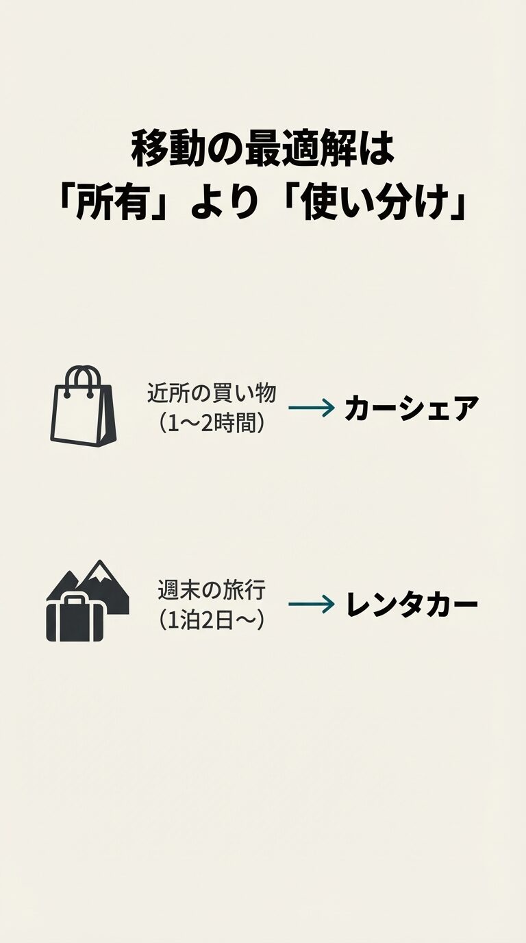近所への買い物はカーシェア（1〜2時間）、週末の旅行はレンタカー（1泊2日〜）という使い分けの提案。