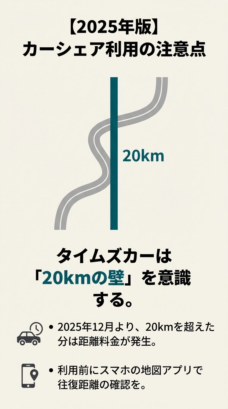 20kmの壁を意識するよう促す図解。20kmを超えると距離料金が発生するという2025年版の注意点。