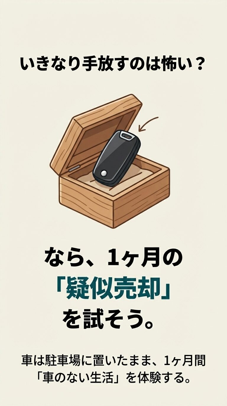 木箱に車の鍵をしまい込むイラスト。「疑似売却」として1ヶ月間車を使わずに生活してみる提案。