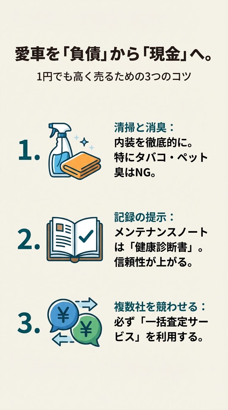 清掃・消臭、メンテナンス記録の提示、複数社での一括査定を促すアイコンと解説。