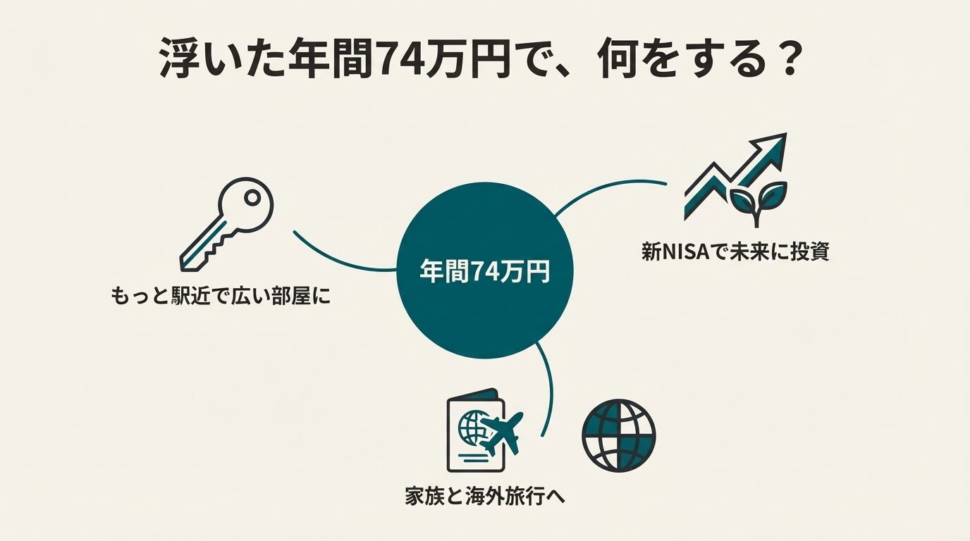 新NISAでの投資、駅近への引っ越し、海外旅行など、車を手放して浮いたお金の活用先のイメージ図。