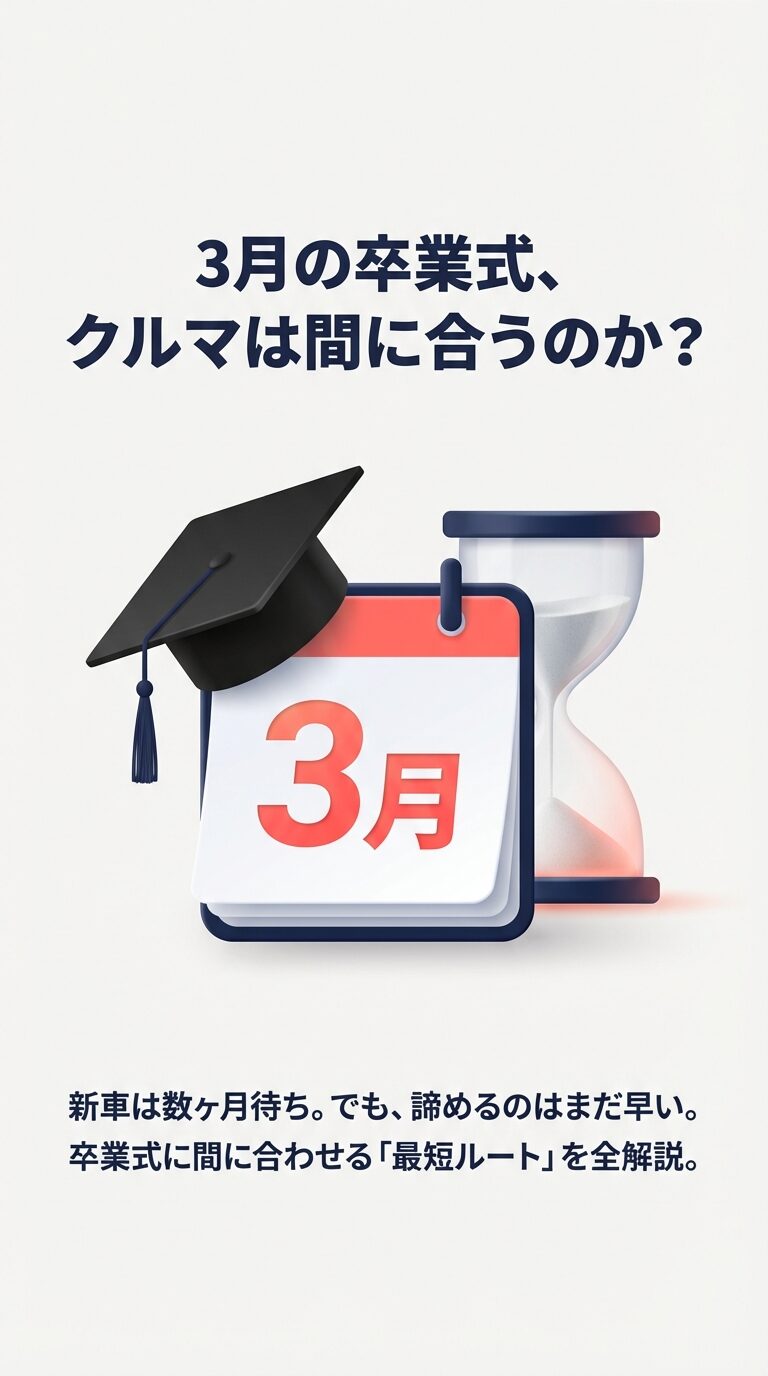3月の卒業式に車を間に合わせるための最短ルート全解説。カレンダーと砂時計、卒業帽のイラスト。