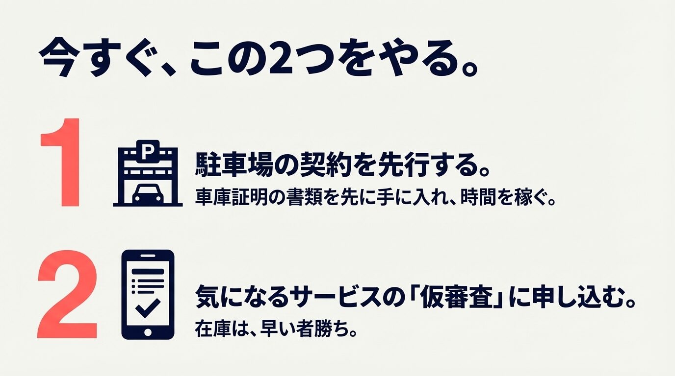 1.駐車場の契約を先行して書類を手に入れる、2.在庫は早い者勝ちなので仮審査に申し込む、という2つの最優先事項を示すスマホのイラスト。
