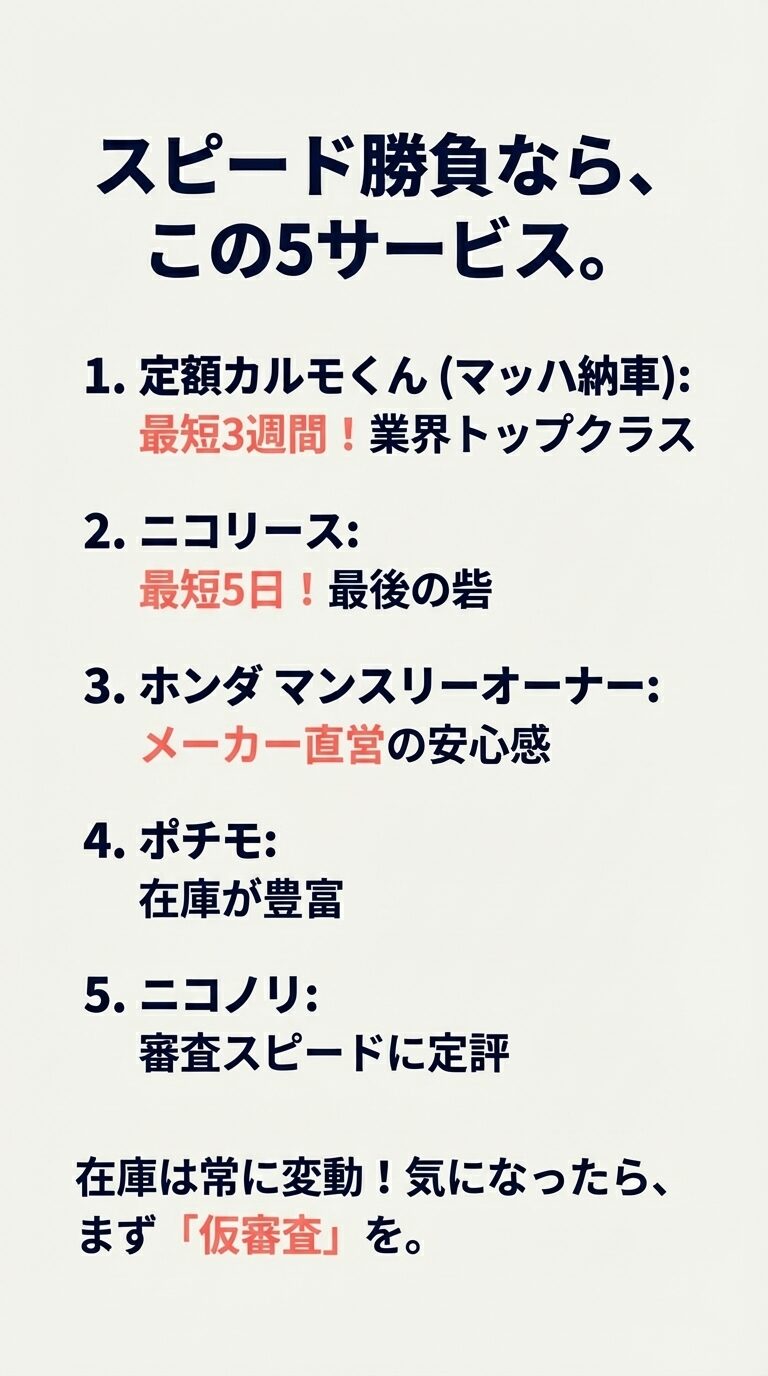 定額カルモくん、ニコリース、ホンダマンスリーオーナー、ポチモ、ニコノリの5つのサービスの特徴と、まずは仮審査を勧めるリスト。