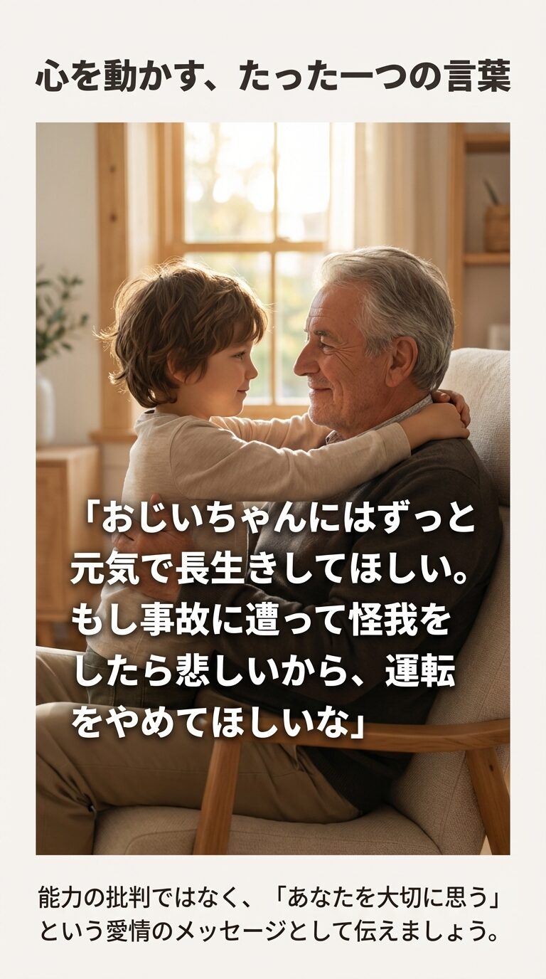 能力の批判ではなく、「あなたを大切に思う」という愛情のメッセージとして伝える、孫からの具体的かつ温かいお願いの言葉を記載したスライド 。