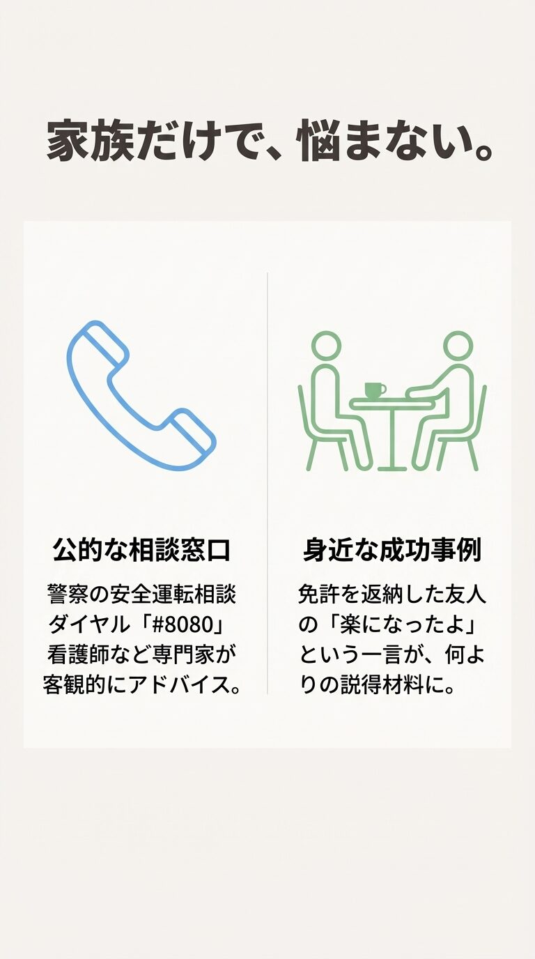 警察の安全運転相談ダイヤル「#8080」の紹介と、免許返納をした友人の「楽になった」という一言が持つ説得力を示すスライド 。