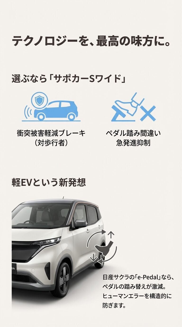 サポカーSワイドの必須機能（衝突被害軽減ブレーキ、ペダル踏み間違い抑制）と、日産サクラのe-Pedalによる踏み間違い防止効果を説明するスライド 。