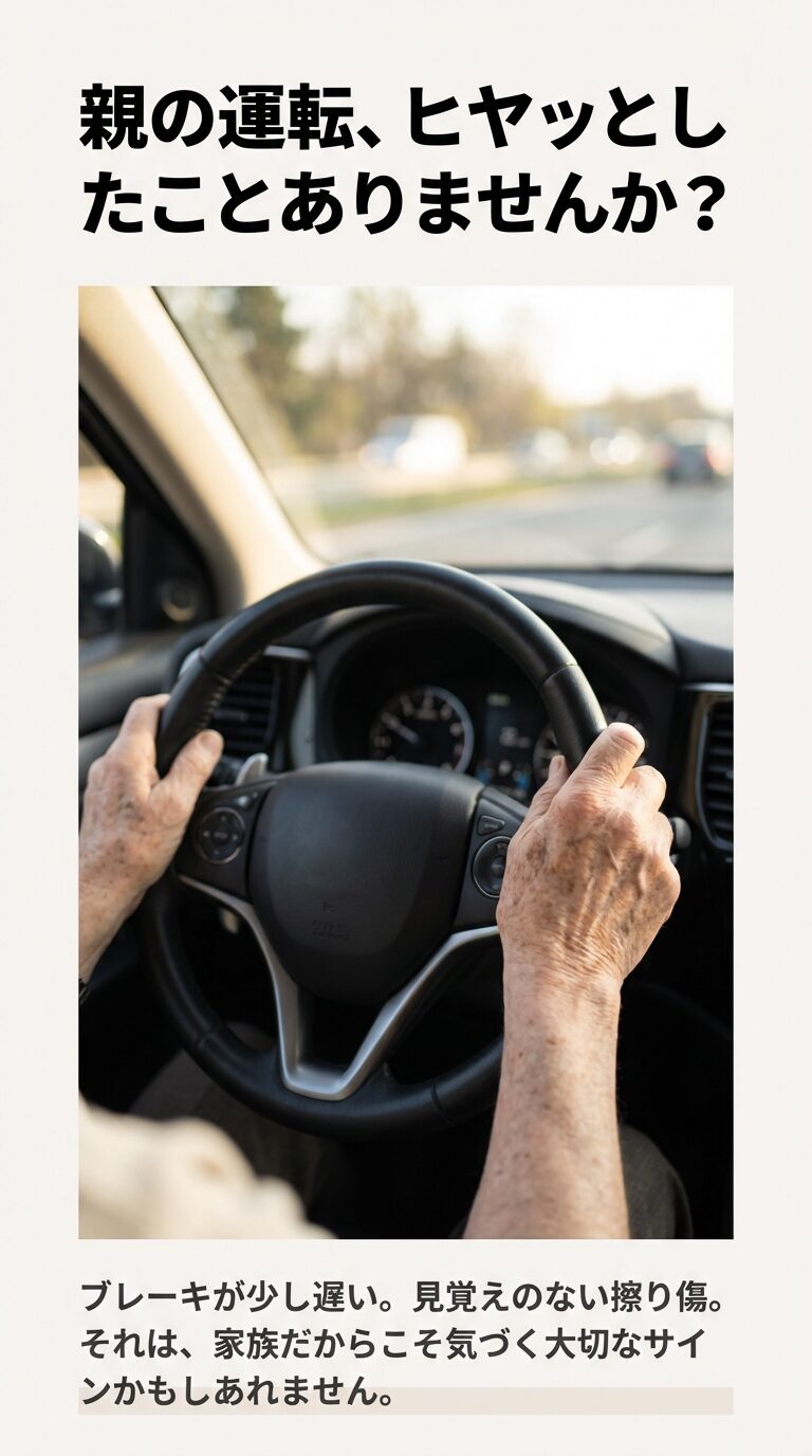 高齢ドライバーの運転で見落としがちなサイン（ブレーキの遅れや見覚えのない擦り傷）を指摘し、家族の気づきの重要性を伝えるスライド 。