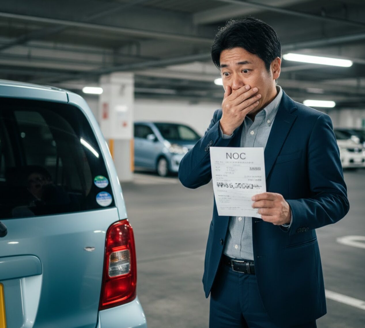 軽微な車の擦り傷による高額なノンオペレーションチャージの請求書を見て途方に暮れる日本の男性