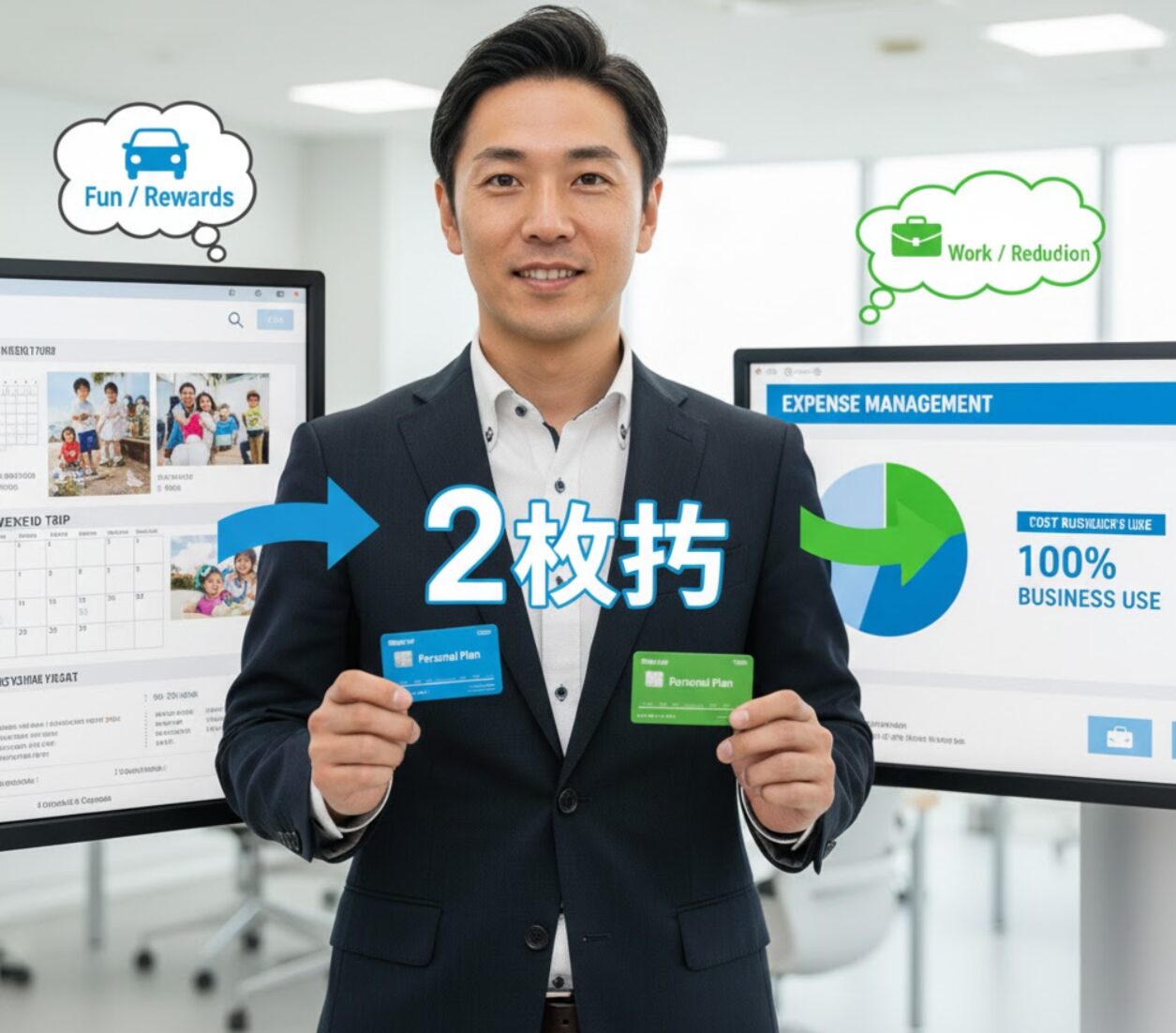 個人カード（プライベート利用）と法人カード（ビジネス利用）の2枚を手に持ち、それぞれの用途を明確に分け、経費管理の透明化に成功したことを示す日本人個人事業主。