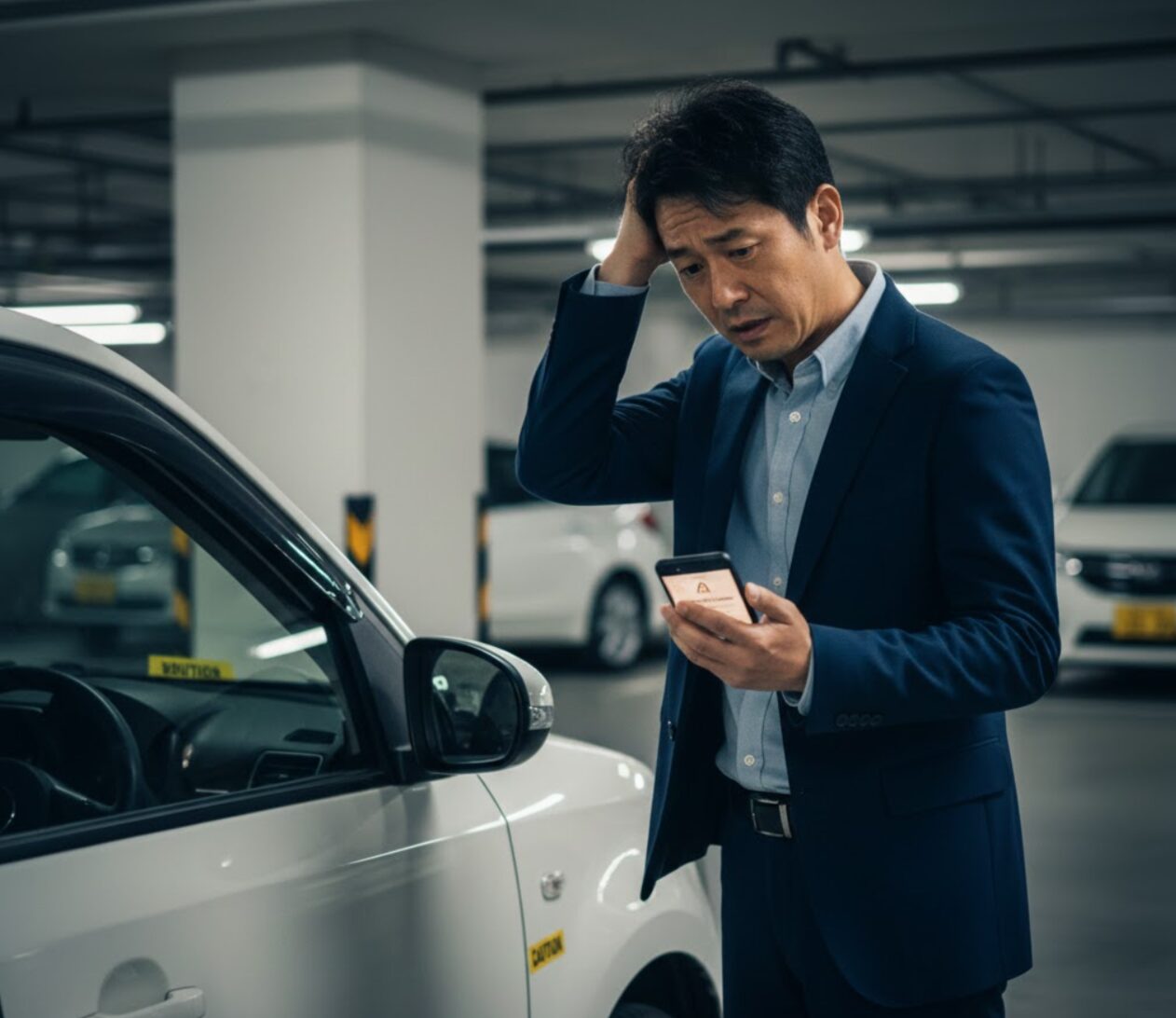 駐車中に小さな傷を付けてしまい、保険の自己負担リスクに直面して不安そうな表情で車体を見るアジア人男性。