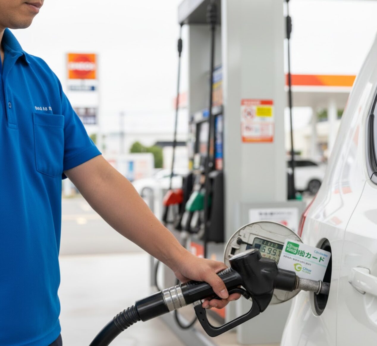 カーシェア車両に備え付けの給油カードを使ってガソリンスタンドで給油作業を行う手元のクローズアップ。