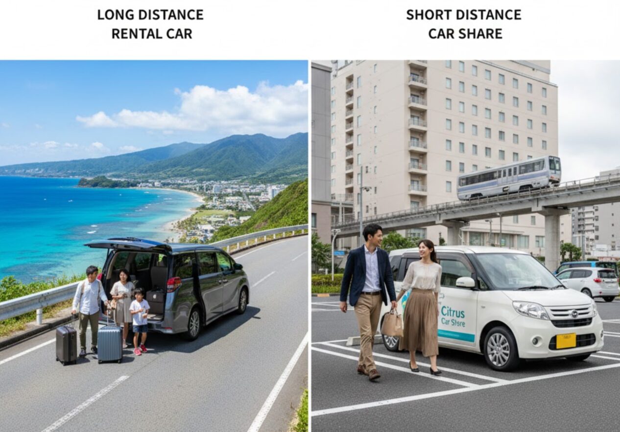 長距離ドライブと短時間・短距離の市街地利用という、カーシェアとレンタカーそれぞれの得意な利用シーンを対比させた分割画面イメージ。
