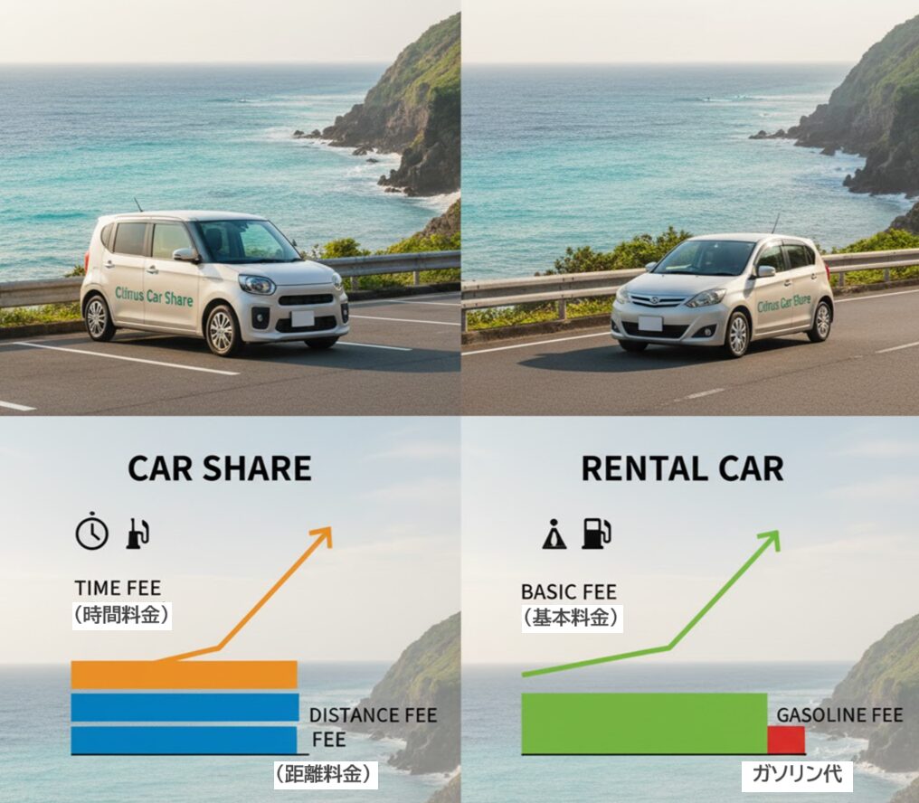 沖縄の海沿いの道路を背景に、カーシェアの時間料金＋距離料金とレンタカーの基本料金＋ガソリン代のコスト構造を視覚的に比較したグラフ。