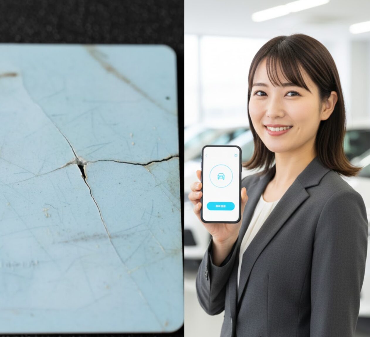 破損した物理カードと、笑顔でスマートフォンアプリを利用する日本人女性を比較し、カードレスへの移行のメリットを表現した画像。