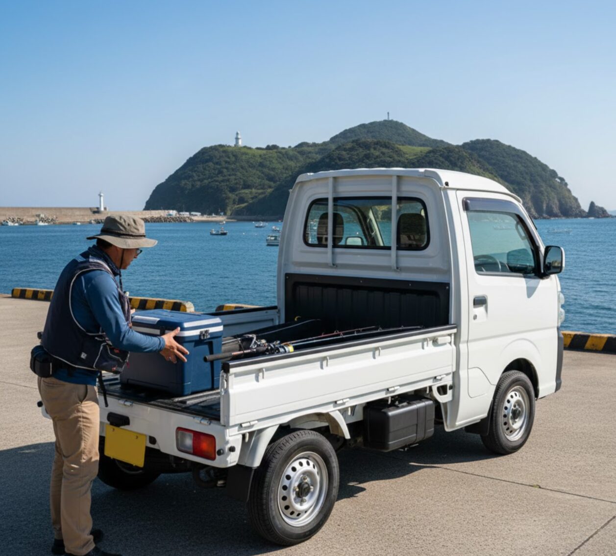釣り人がクーラーボックスや濡れた釣り具をダイハツ・ハイゼットデッキバンのオープン荷台に積み込んでいる様子。荷台とキャビンが分離している構造を示す。