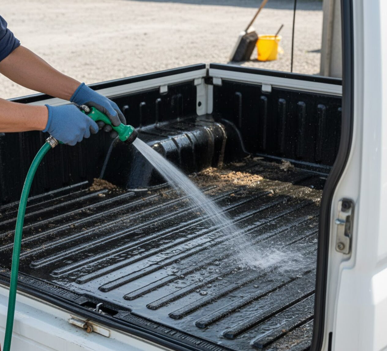 魚の汚れを気にせず、ハイゼットデッキバンの荷台部分をホースで水洗いして清掃している様子。タフネス仕様をアピール。