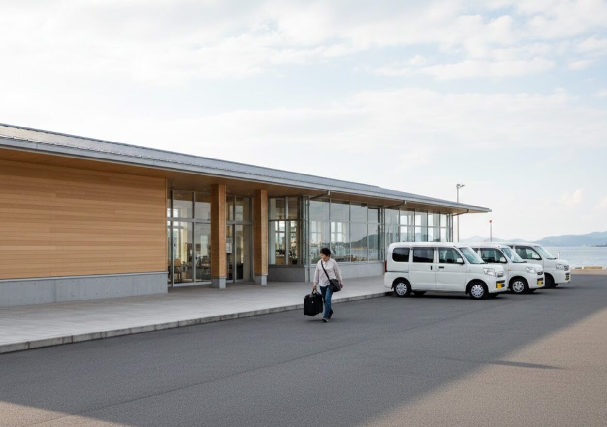 壱岐島・郷ノ浦港のフェリーターミナルから徒歩すぐの場所にあるSURFCLUBカーシェアステーションの専用駐車スペース。高いアクセス性を示す。