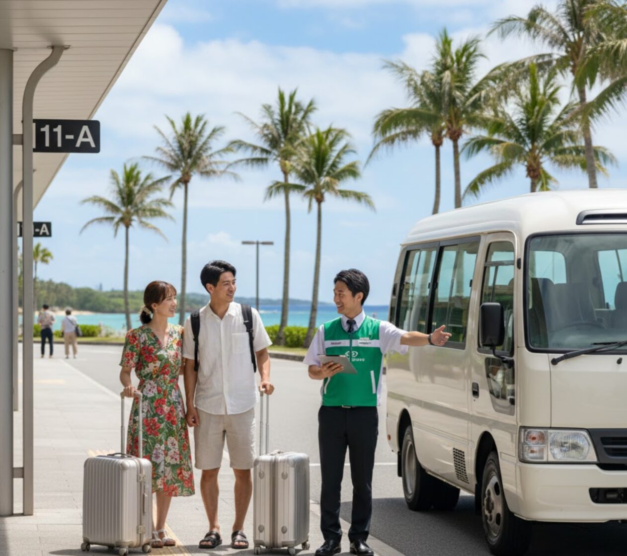 那覇空港のレンタカー送迎バス乗り場「11-A」付近で、スーツケースを持った旅行客（日本人）がトヨタレンタカーの制服を着たスタッフから案内を受けている様子。周囲には青い海とヤシの木が見える。