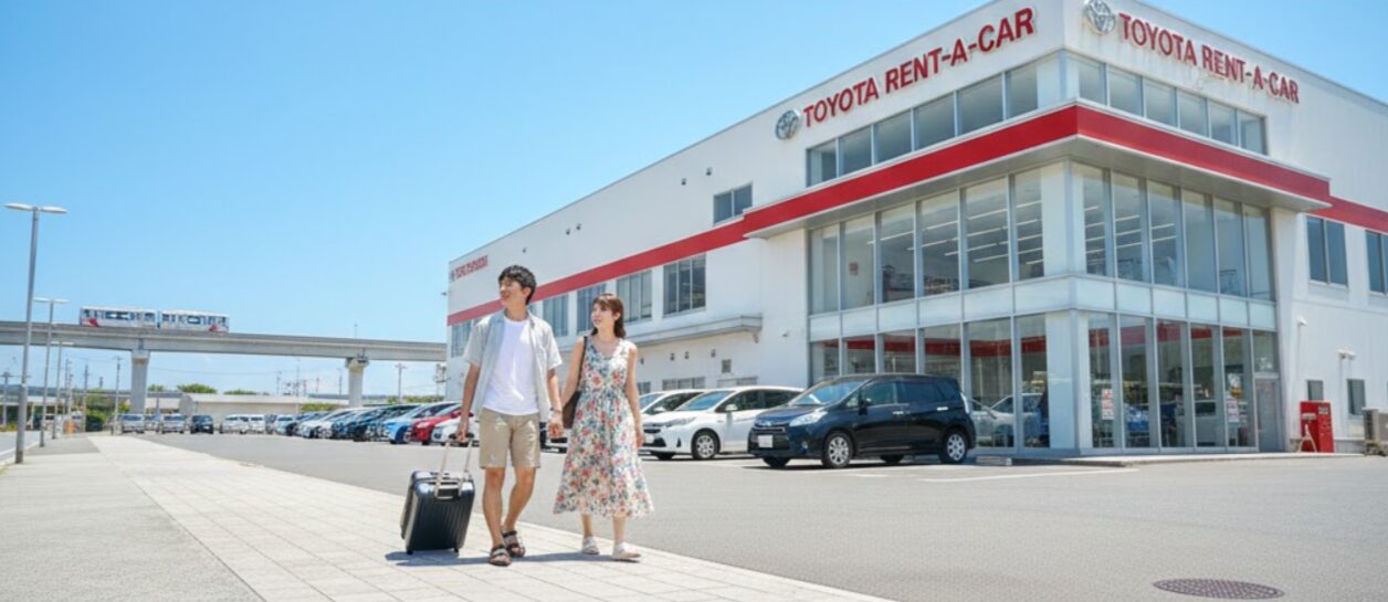 炎天下の中、那覇空港店の巨大な建物を背景に、ゆいレール赤嶺駅からスーツケースを引いて歩いてくる日本人カップル。建物の看板やロゴは見えるが、文字情報は含まず、写真イメージとしての描写に徹する。