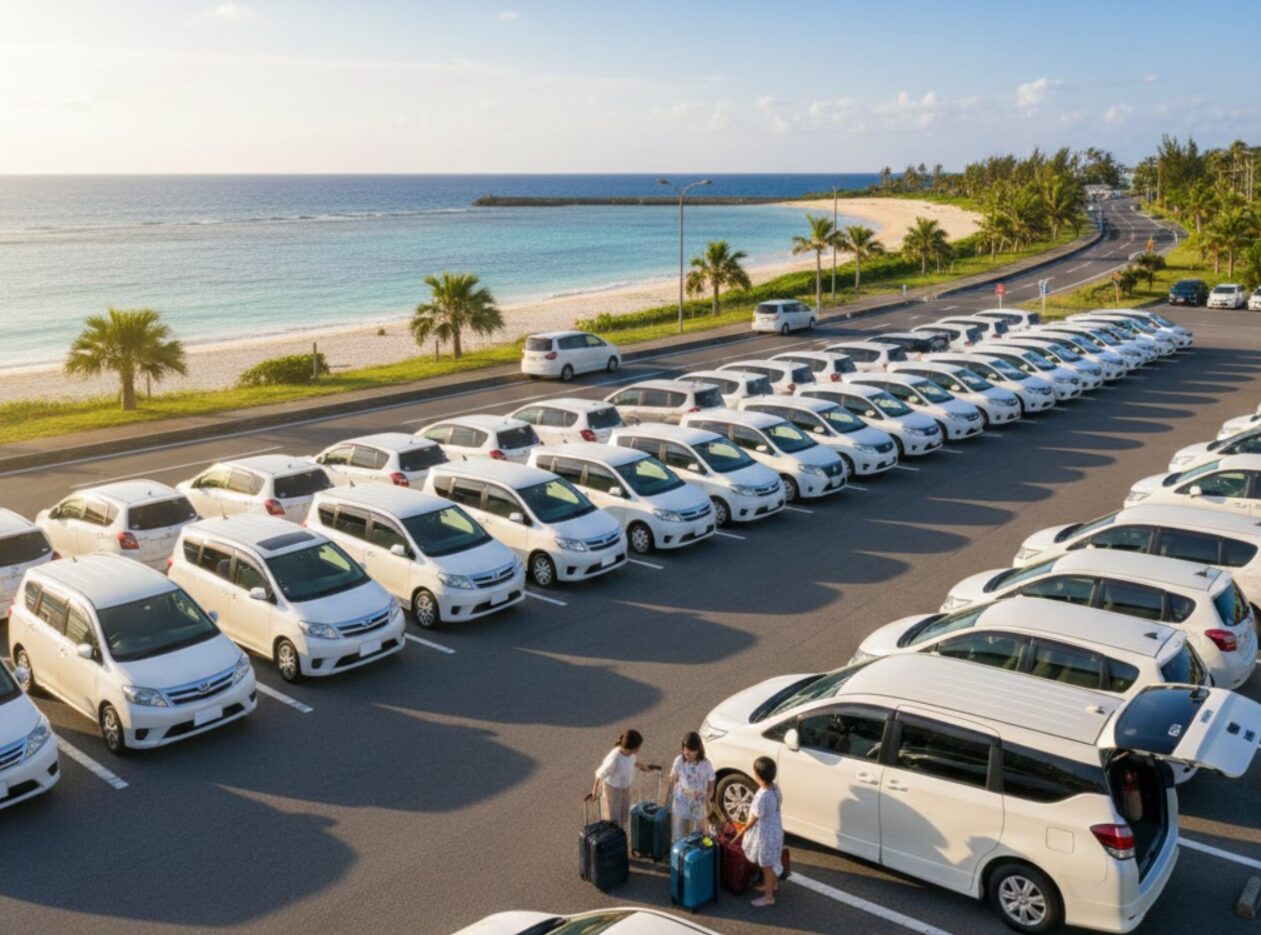 豊見城市の那覇空港シーサイド店から、沖縄の南海岸線沿いのドライブへ出発する様子。青い海、ヤシの木、そしてたくさんのレンタカー（トヨタ車）が並んだ駐車場が広がる。