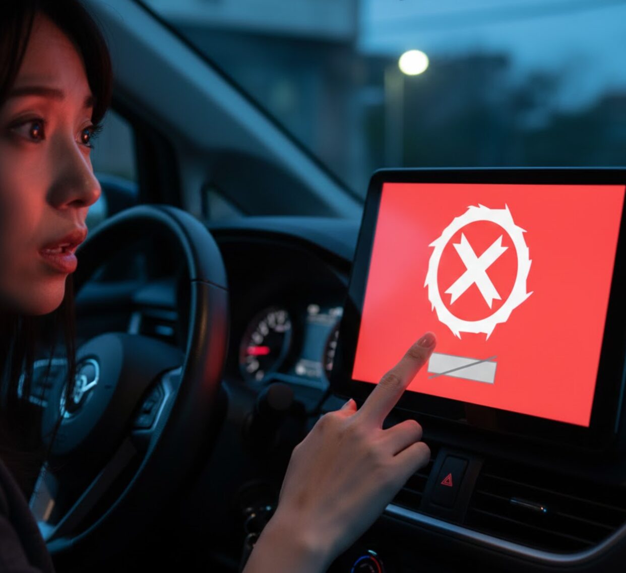 カーナビ画面に表示された延長操作エラーの表示に困惑する日本人ドライバーの手元。次の予約がある時のシステム的な拒否。