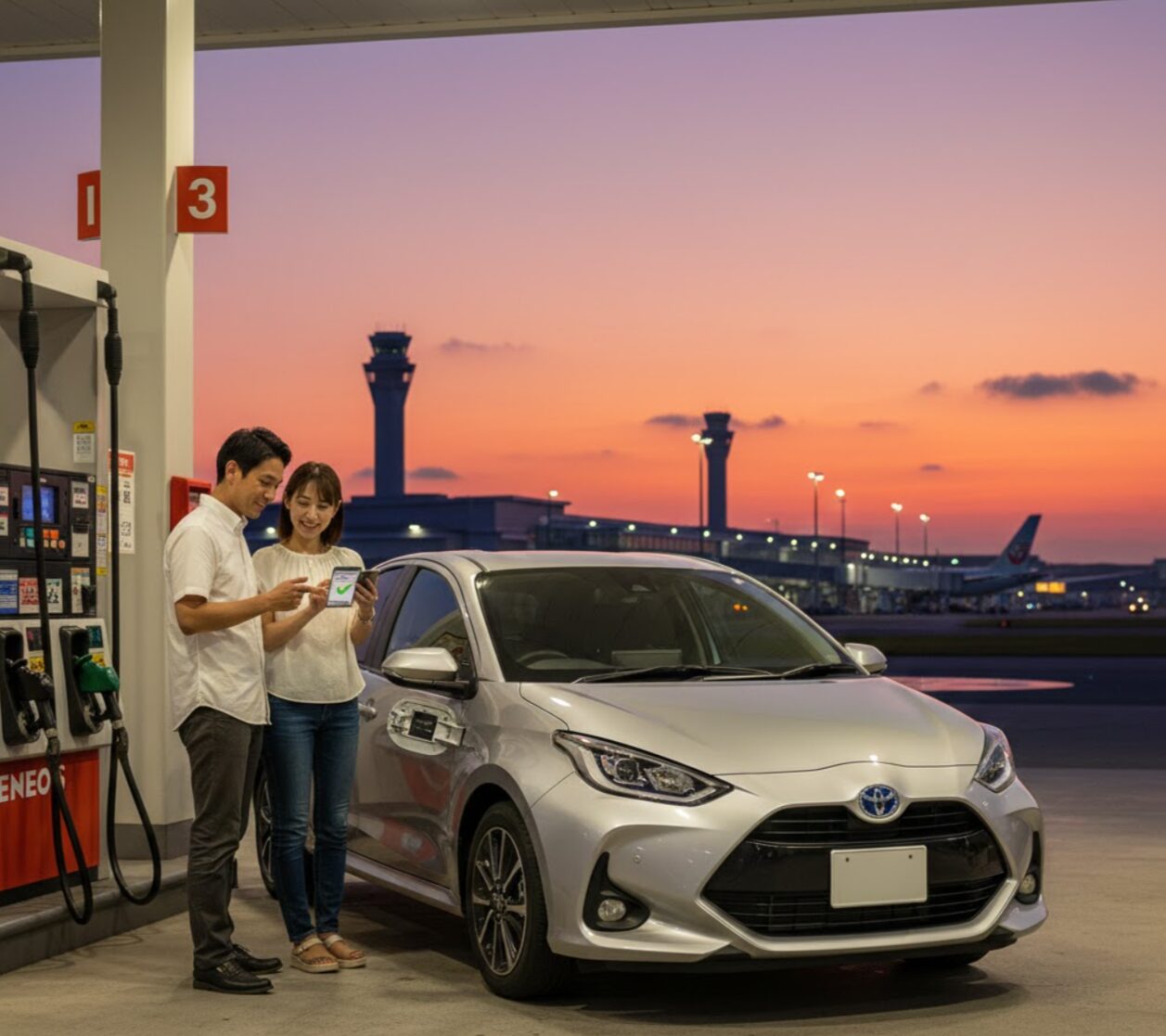 那覇空港近くのガソリンスタンドで、レンタカーに給油を終え、フライトに備えて笑顔でガソリンを満タンにしたことを確認する日本人旅行客（カップルまたは家族）。背景には夕焼けの空と空港の建屋が見える。