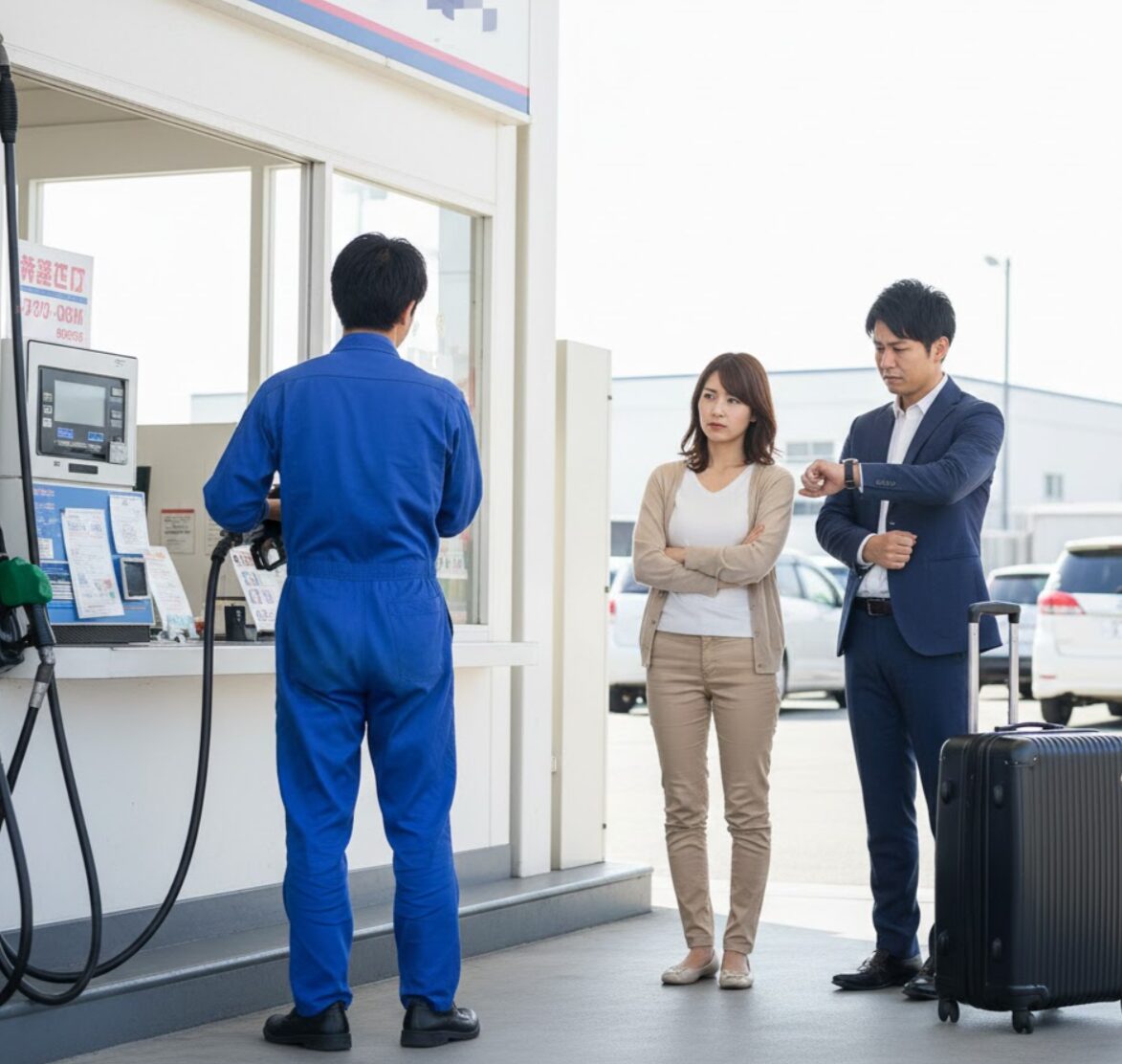 ガソリンスタンド兼業スタッフの対応待ちで長時間待たされる日本人利用者の様子