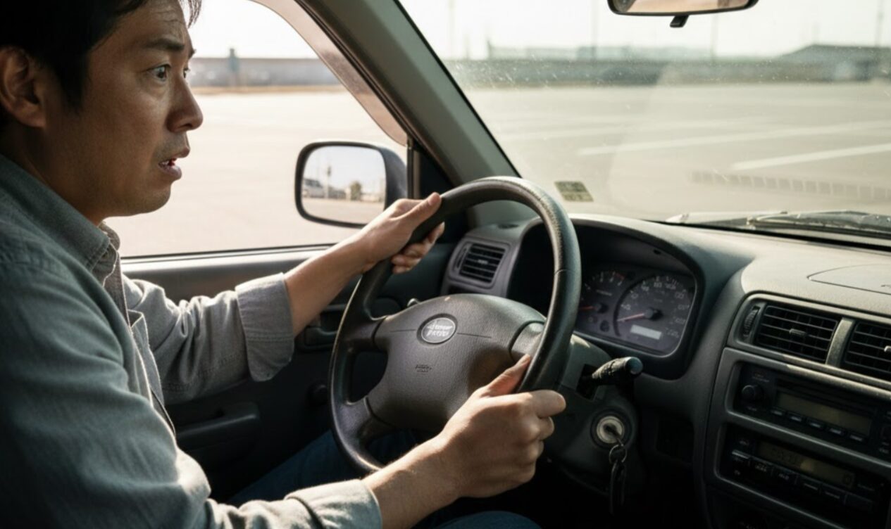 走行距離が過走行の中古レンタカーのメーターパネルを見て不安を感じる日本人男性