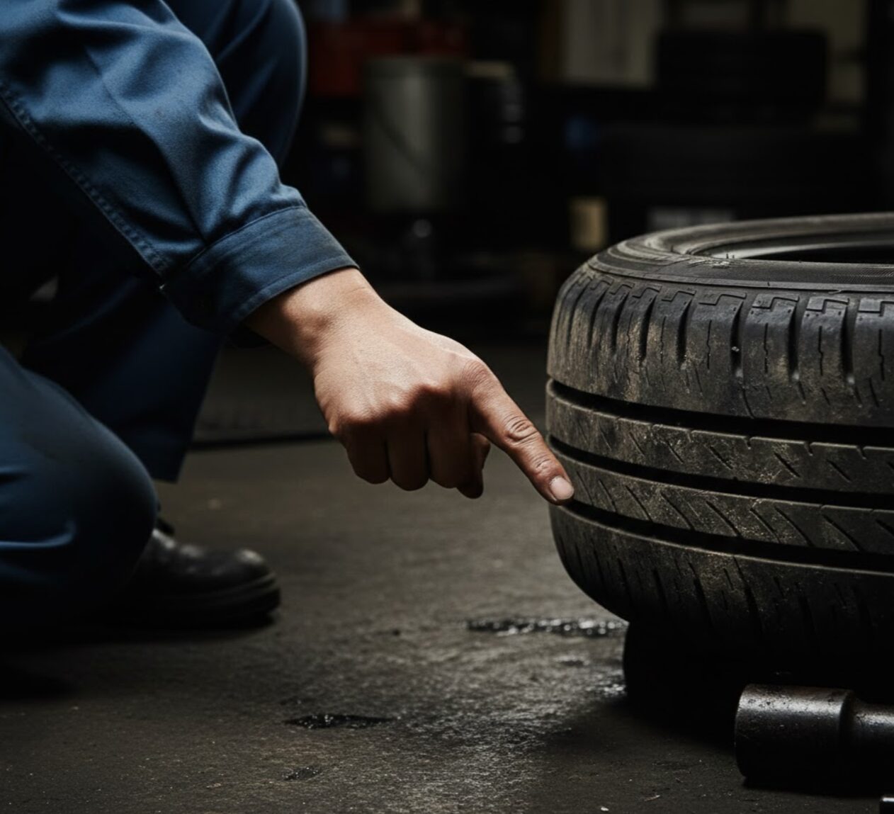 溝がほとんどなく危険な状態にすり減った中古レンタカーのタイヤ