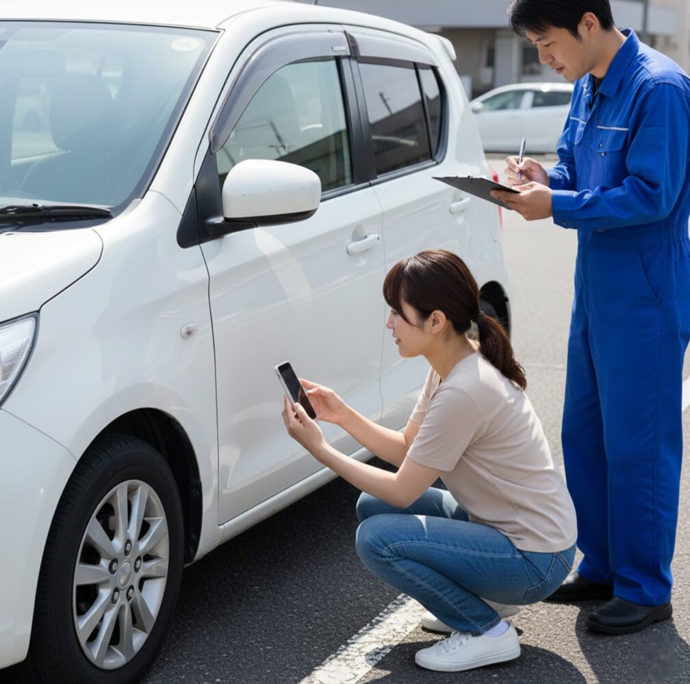 レンタカー出発前に傷チェックとしてスマートフォンで車両を念入りに撮影する日本人利用者