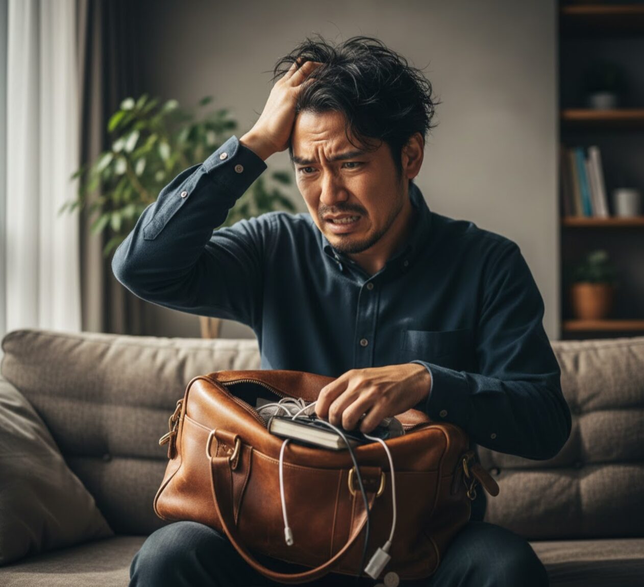 タイムズカーシェアの会員カードを紛失し、焦ってカバンの中を探す日本人男性（30代）の様子。