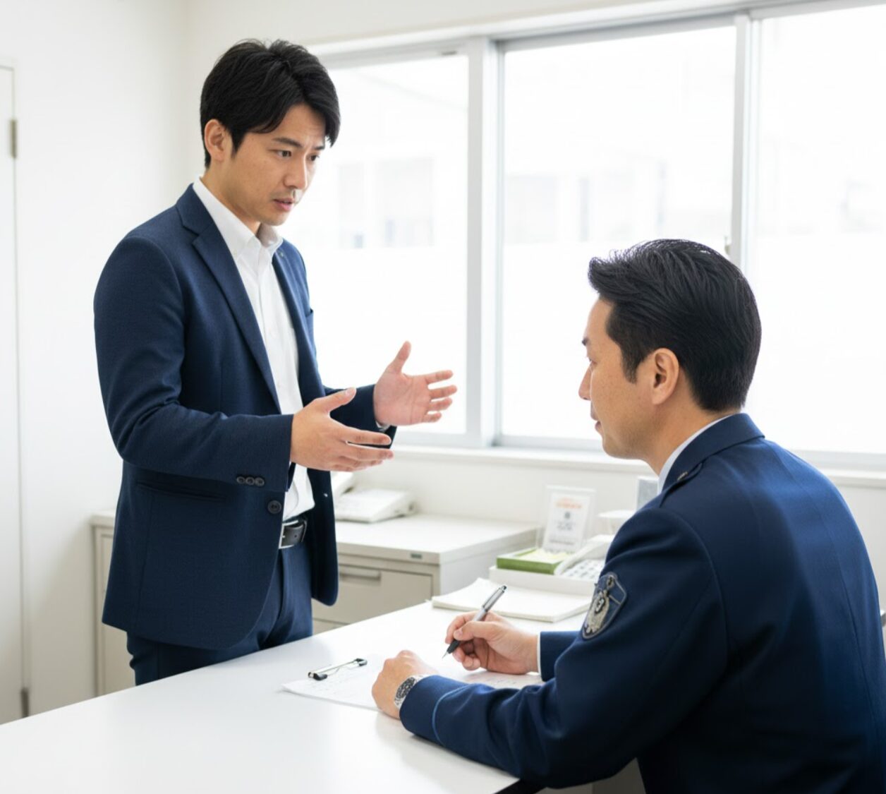 タイムズカーシェアのカード紛失について、交番で警察官に遺失物届を提出する日本人（30代）の様子。