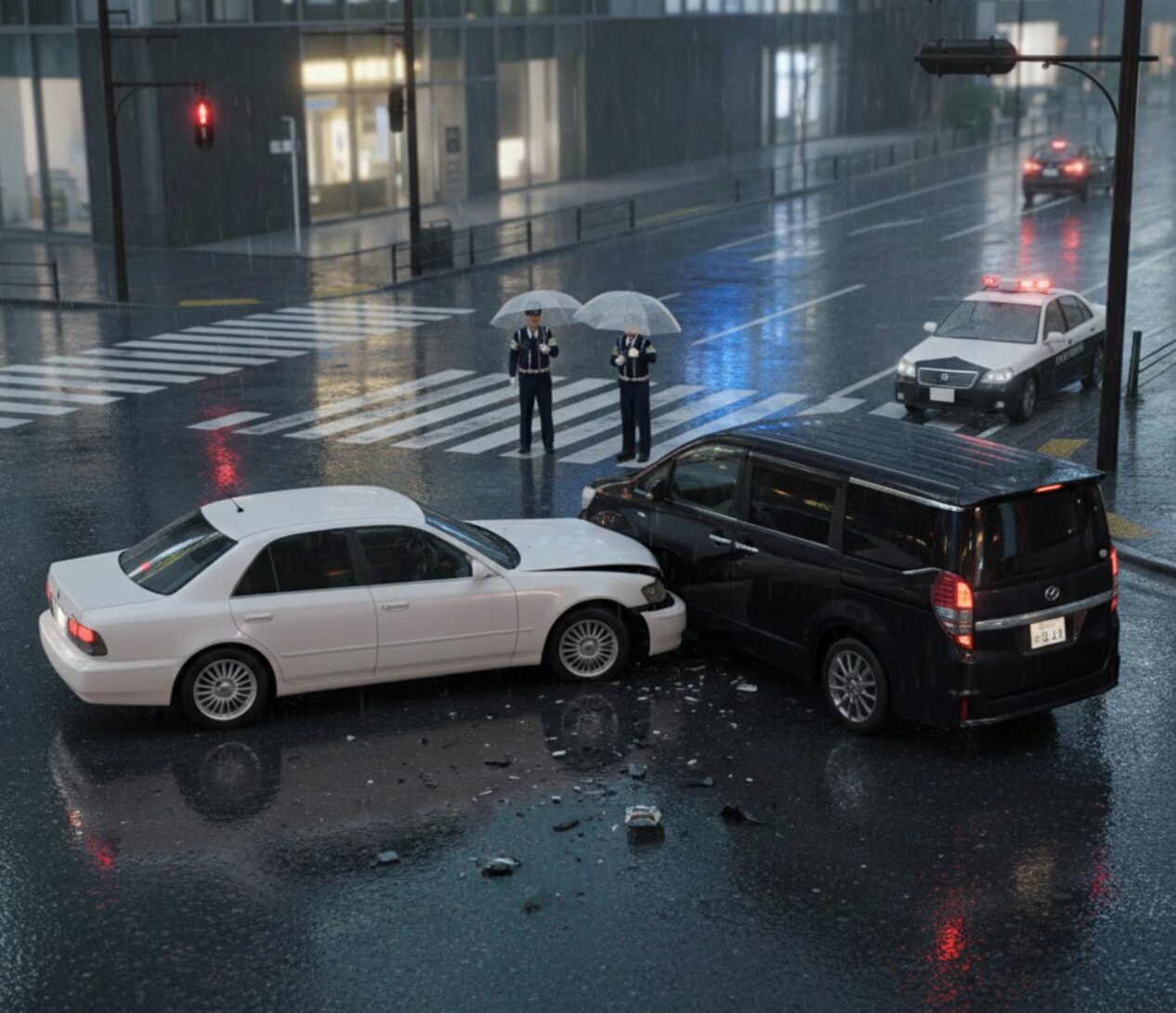 紛失したカーシェアカードが悪用され、第三者による運転で車両事故が発生したことを示す夜の現場の様子。