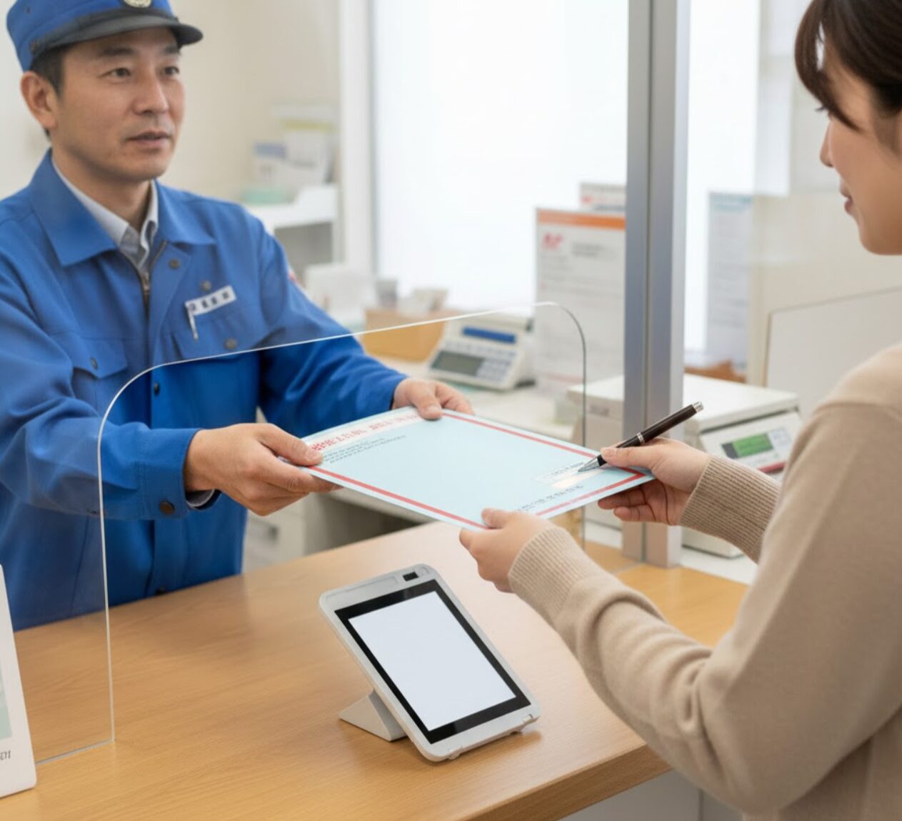 再発行されたカーシェアカードが、本人限定受取郵便で厳重に配達員から受取人（日本人）に手渡される様子。